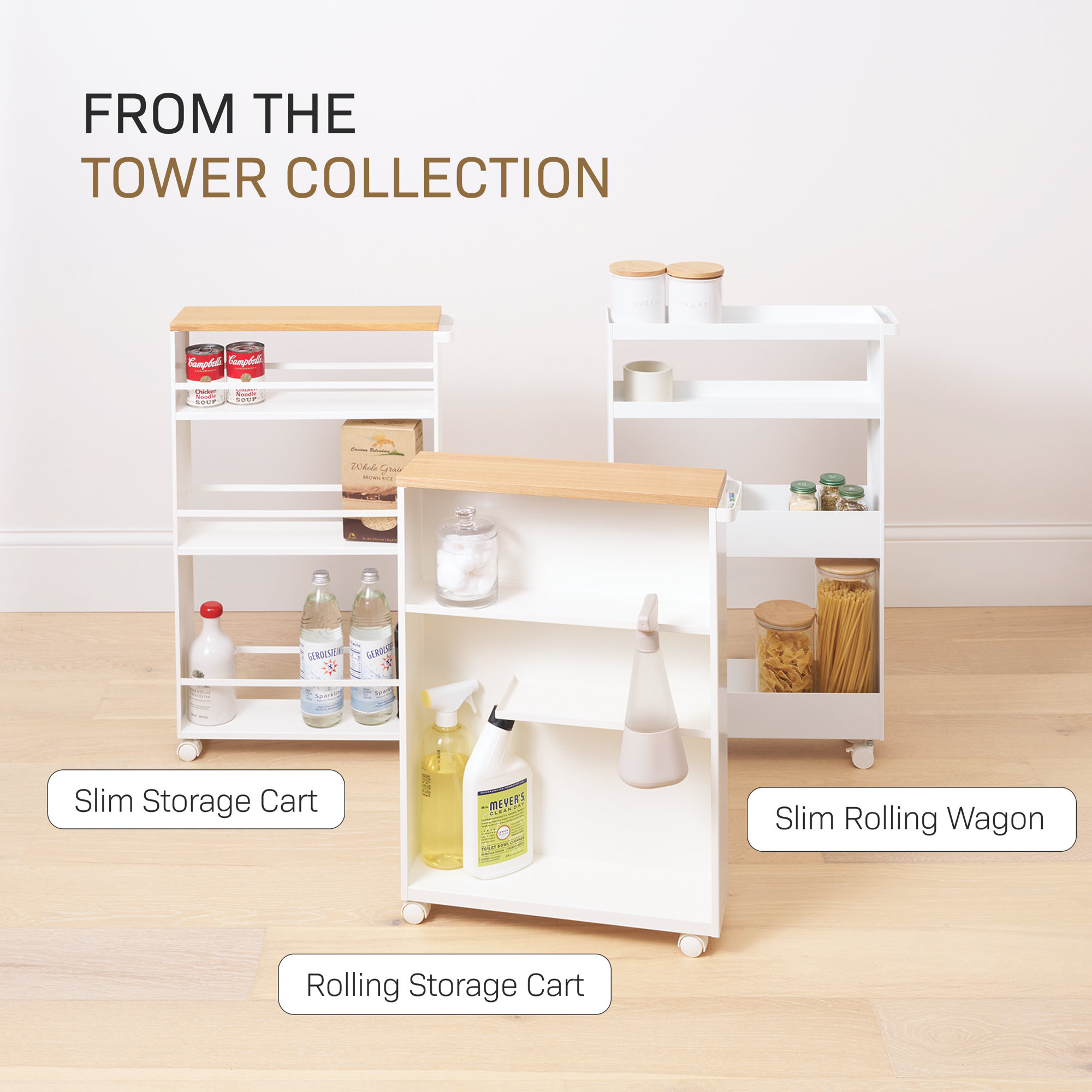 Yamazaki Home Tower Rolling Slim Bathroom Utility Cart With Handle, 27" - Steel, White