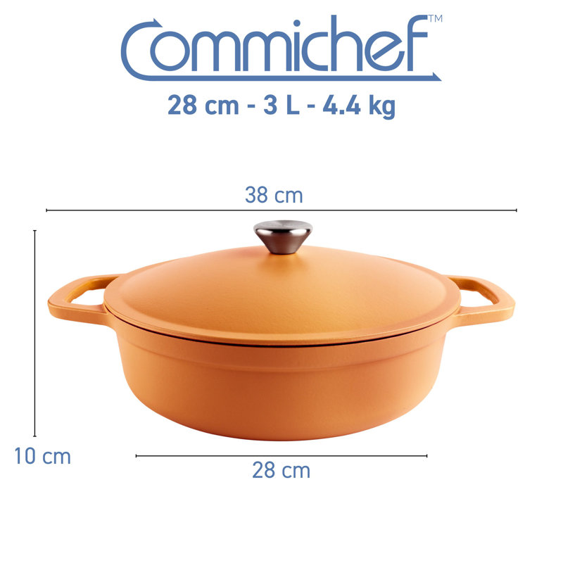Commichef Lightweight Cast Iron 3L Enamelled Cast Iron Dutch Oven, Red, 3