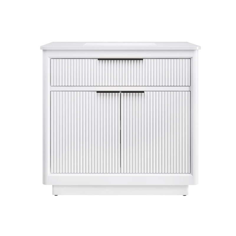 Meuble-lavabo autoportant blanc pur 36 po avec pierre d'ingénierie blanche Xander Xander, Noir mat