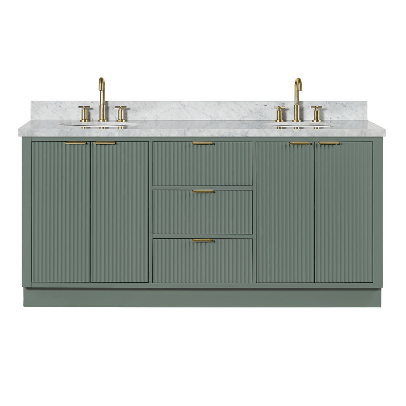 Meuble-lavabo double en bois massif 72 po avec plateau en marbre de Carrare Haun 72 po, Ovale, Vert rétro