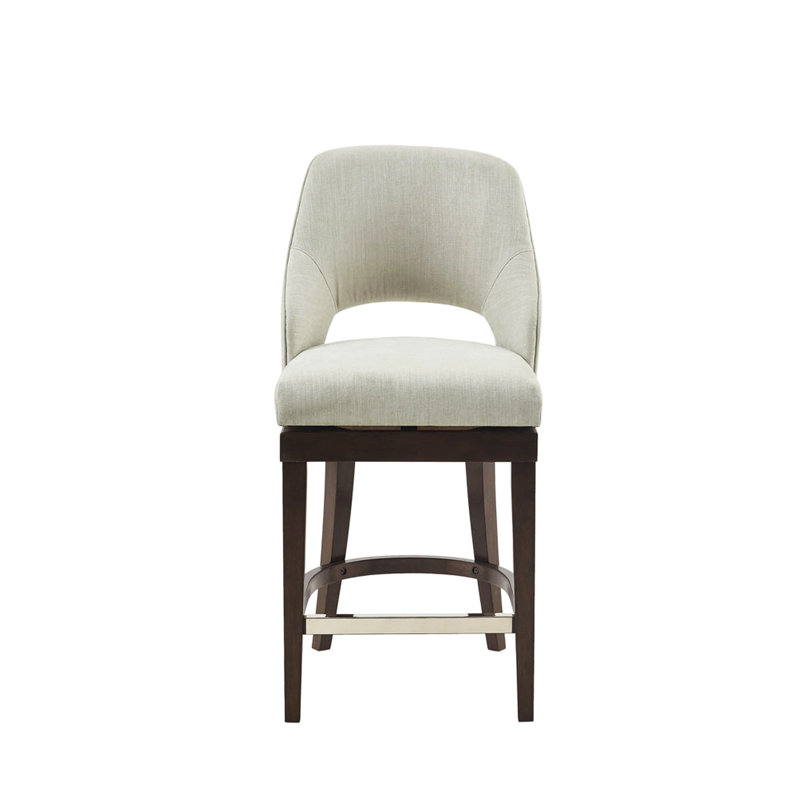 Tabouret de comptoir revêtu de tissu d'ameublement crème avec fonction pivotante - pieds en bois massif, plaque métallique