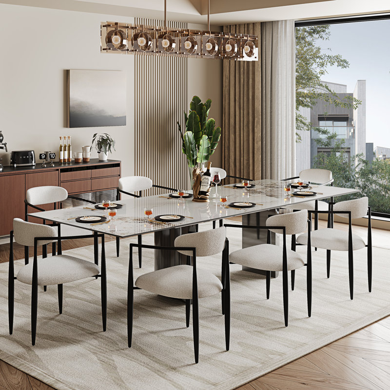 Ensemble de table de salle à manger 9 pièces avec table de salle à manger extensible en fritté de 94,5 po avec 8 chaises en tissu