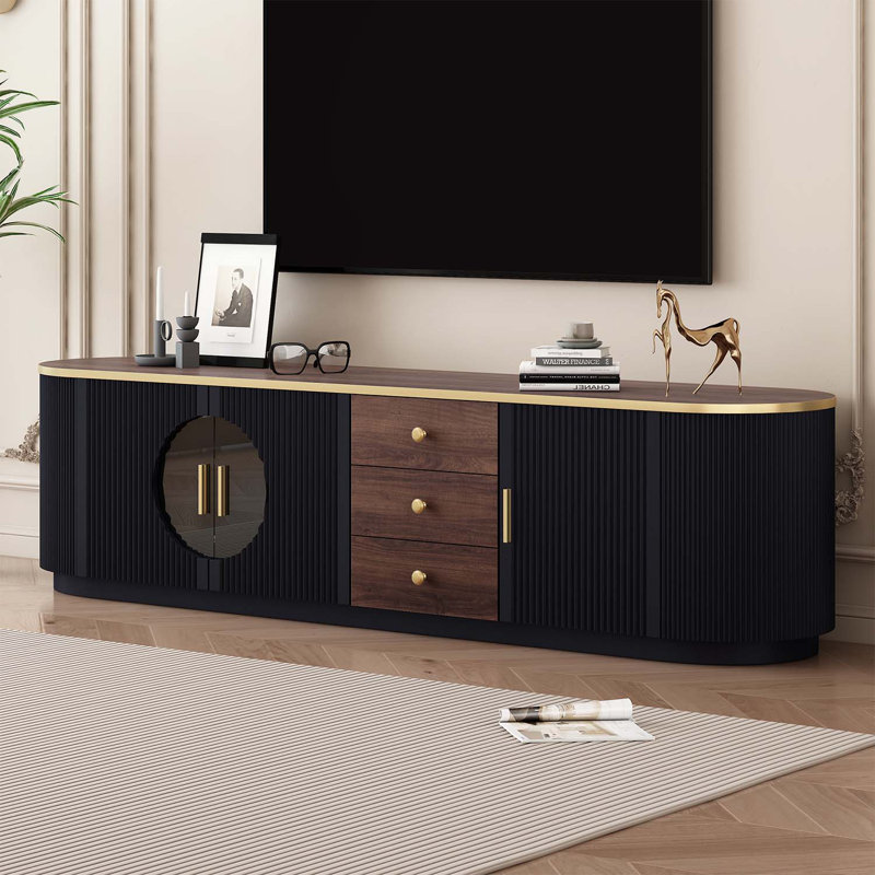 Console avec 3 tiroirs et 1 tablette, poignées en métal et 2 armoires, Noir / brun