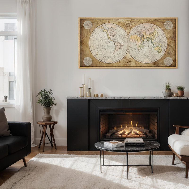 Carte du monde rétro avec illustrations de style antique, peinture rétro prête à accrocher, H 30 po x l 60 po, Naturel