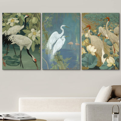 Grue verte verte pataugeant dans l'eau, lotus floral, art animalier, décoration murale moderne