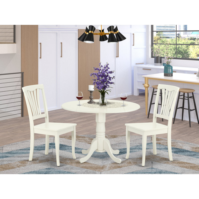 3 Piece Dining Table Set for Small Spaces Contains a Round Dining Room Table with Dropleaf and 2 Wood Seat Chairs, 42x42 Inch, Linen White