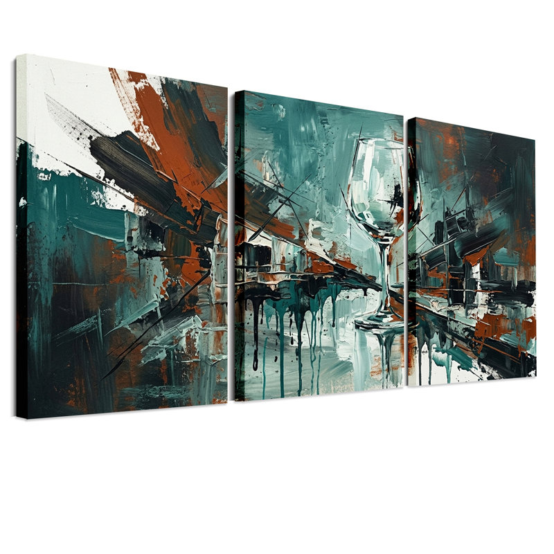 Ensemble de 3 toiles murales représentant des verres à vin abstraits aux couleurs turquoise et rouille, 36"H x 24"W x 3pcs