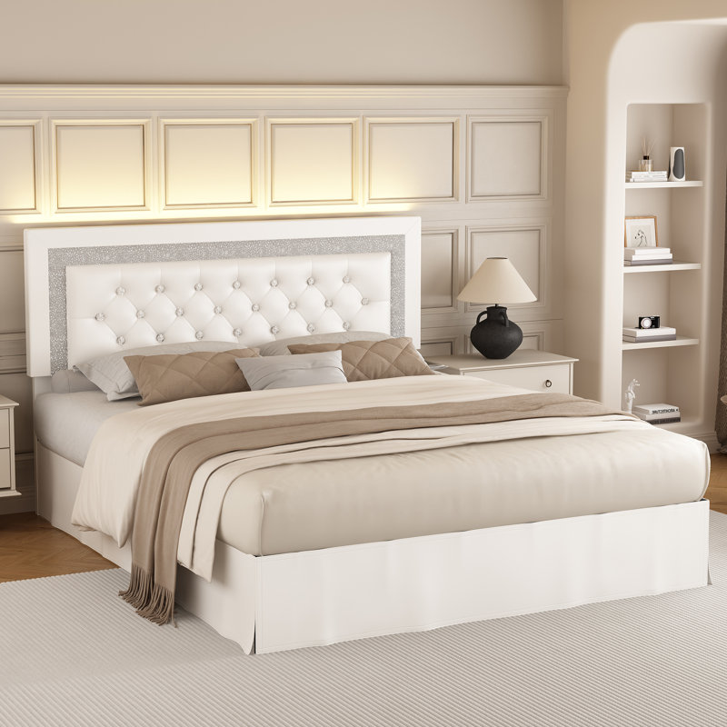 Bed Frame with Adjustable Headboard and Diamond Button Upholstered Tufted Beds, White, Queen
