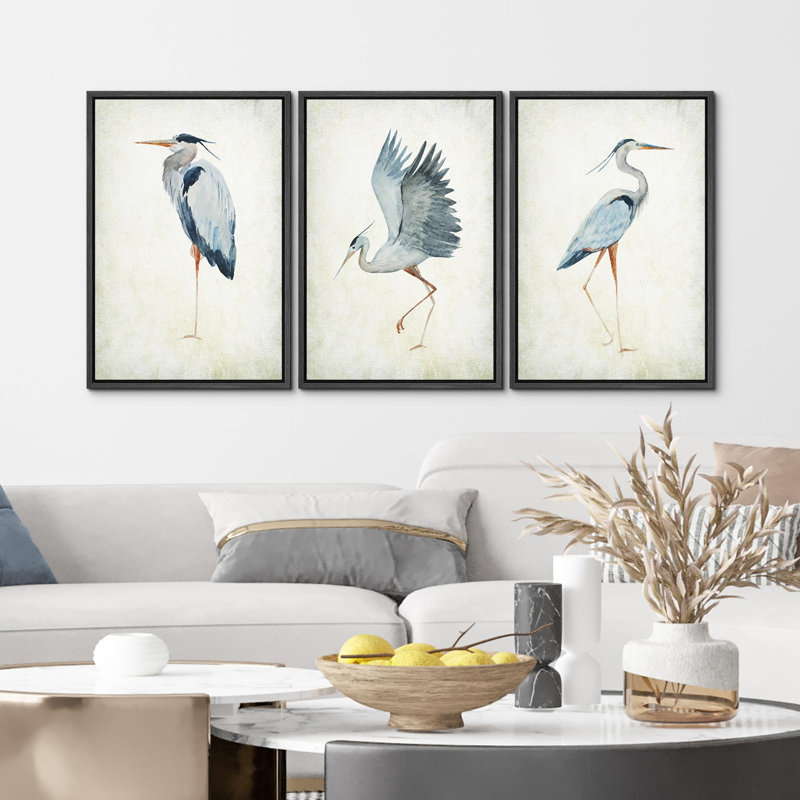 Heron Crane Bird Animals Nautical Decor - Large Framed Canvas Living Room Wall Art Work Set 3 Print, 24" H x 16" W, Black
