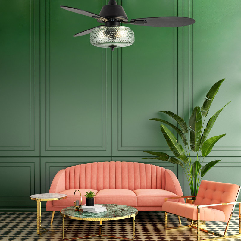 Ventilateur de plafond à DEL 42 po Cecile avec abat-jour en verre soufflé à la main vert écume et télécommande, Noir