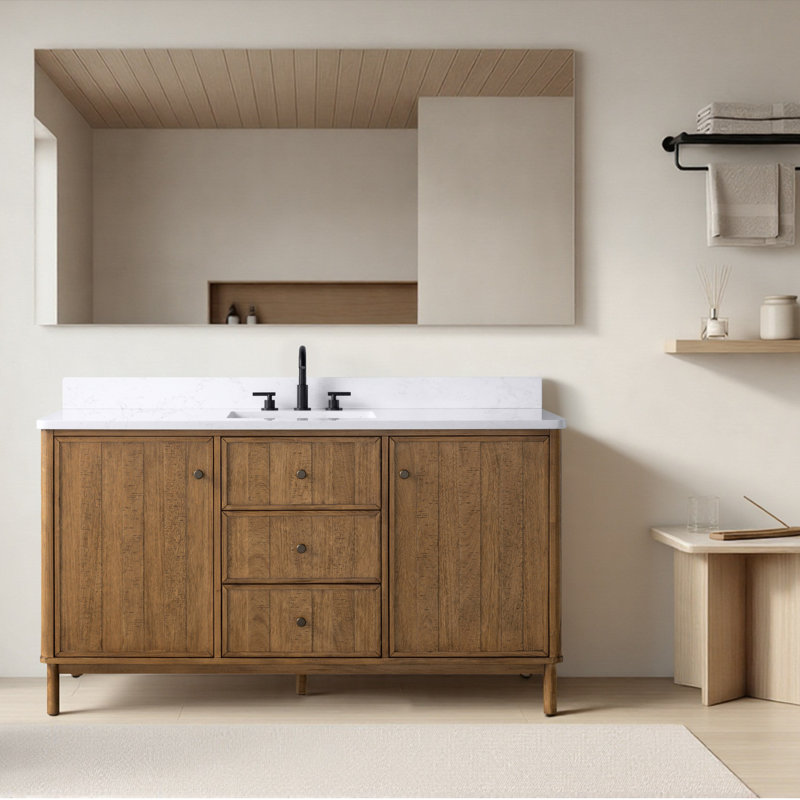 Meuble-lavabo autoportant avec lavabo en pierre 60 po Lugan, 60", Tanné