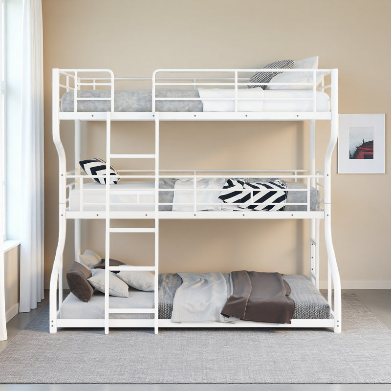 Full XL Over Twin XL Over Queen Size Triple Bunk Bed With Long And Short Ladder, White