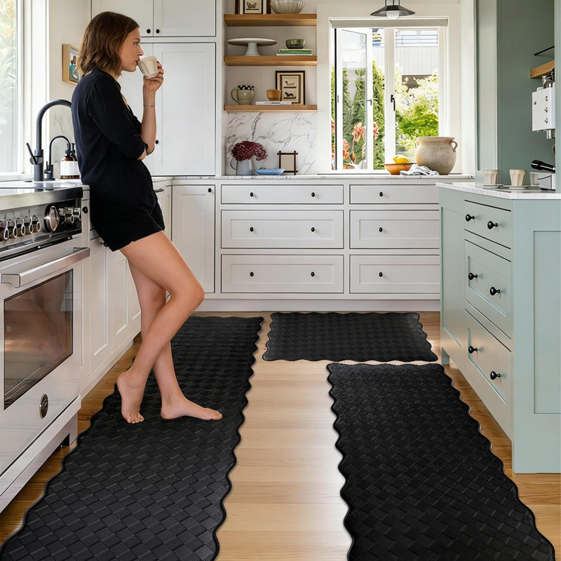 Tapis de cuisine pour plancher, ensemble de 3 tapis de cuisine noirs, antidérapants, rembourrés et imperméables, en mousse, pour évier de bureau ou buanderie.