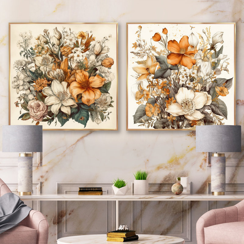 Traduction libre: Bouquet de fleurs crème et orange, H 16 po x l 33 po, Cadre flottant doré
