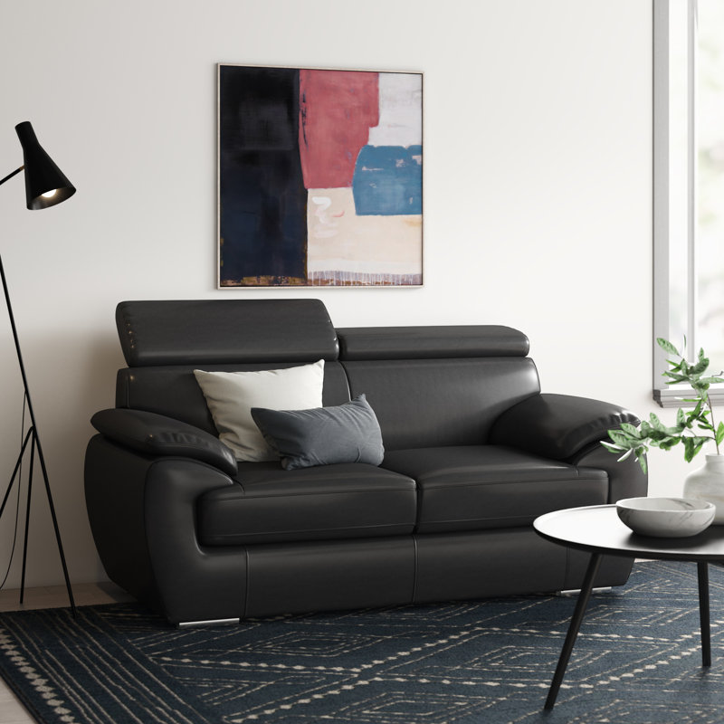 Aieshia Genuine Leather Pillow Top Arm Loveseat, Black