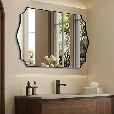 36"x48" Large Bathroom Mirror, Chrome Vanity Mirror for Bathroom Sink, Scalloped Mirror in Premium Stainless Steel Thin Frame, Elegant Curved Scallop Design, Ideal for Home Remodel
