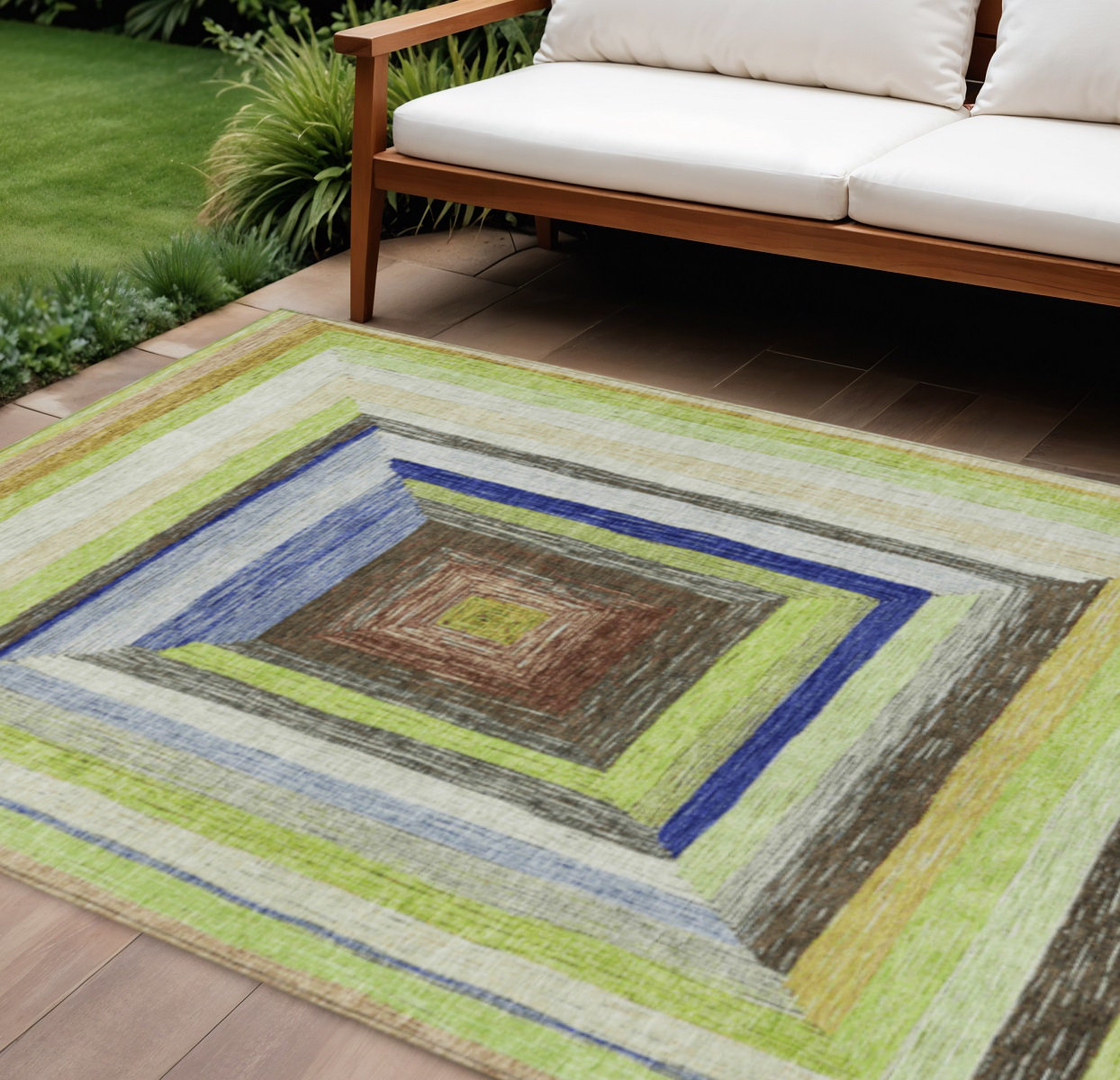 HomeRoots 10' X 14' Lime Green Navy Blue And Brown Geometric Washable ...