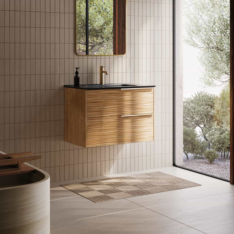 Kora 32" Bamboo Faux Finish Wall-Mounted Single Bathroom Vanity with Integrated Ceramic Top & Handles, Gold, 32"