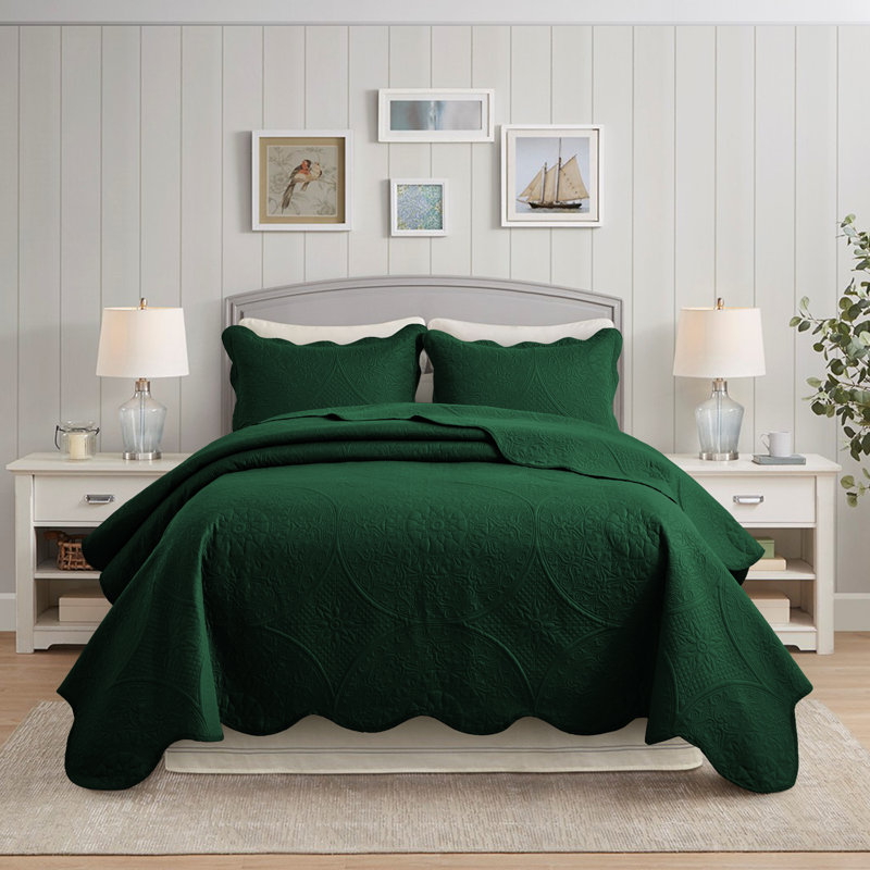Ensemble de couvre-lit à motif floral en microfibre - Literie matelassée douce, légère et infroissable, Vert émeraude