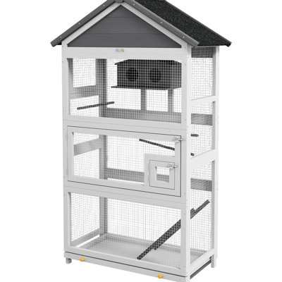 Outdoor Wooden Birdhouse Aviary, 67" With Slide-Out Tray, Three Doors For Bird Hobbyist's Companions, Gray Aviary Tray & Doors, Finches, Parakeets, Finish