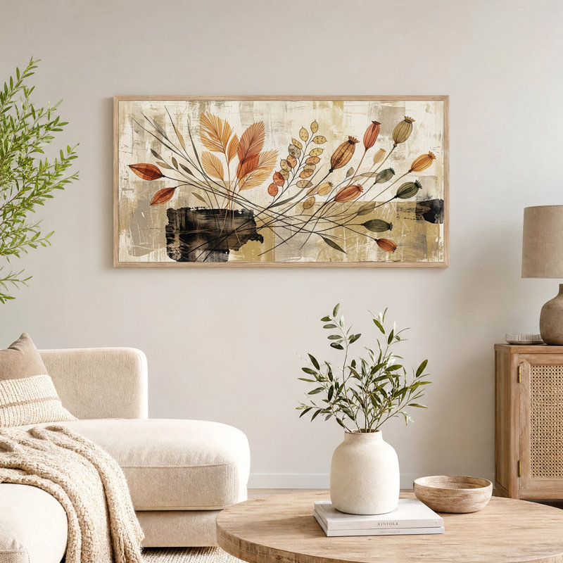 Tableau mural sur toile à motifs botaniques stylisés dans les tons rouille et beige