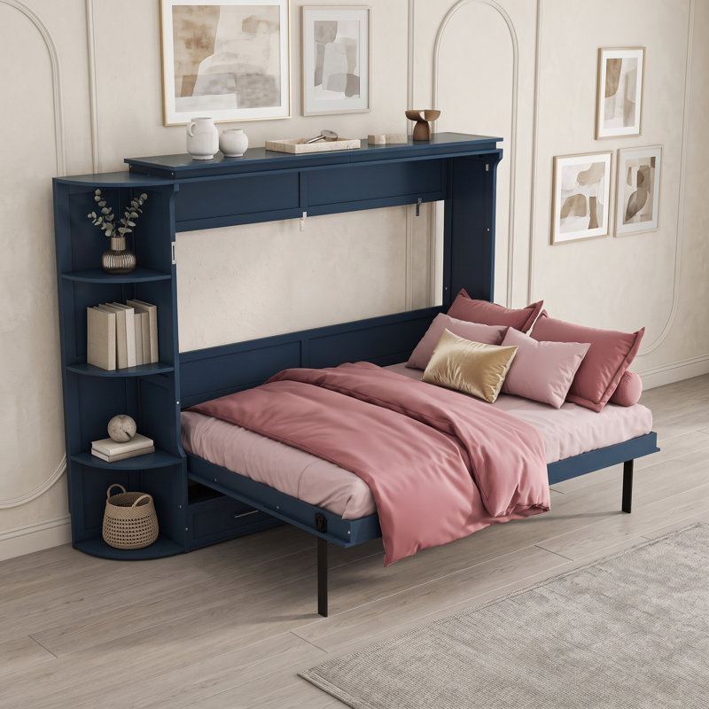 Lit escamotable 3 tiroirs avec tablettes latérales, Grand lit, Bleu