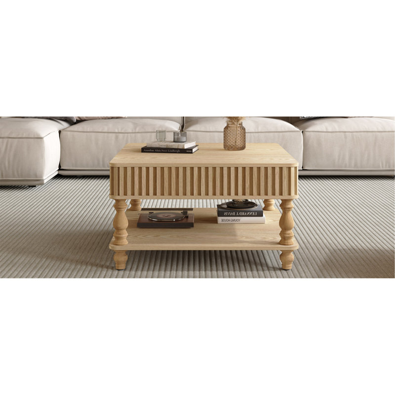 Fluted Lift-Top Coffee Table Hidden Open Storage Solid Wood Legs, Natural Wood