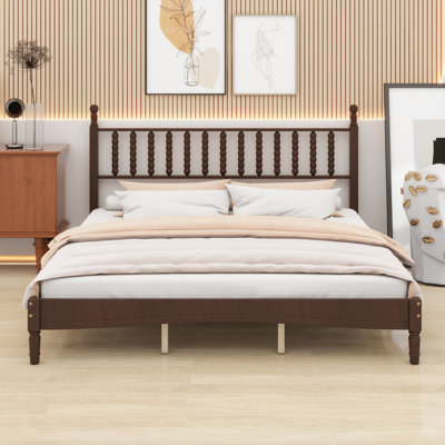 Wood Platform Bed With Gourd Shaped Headboard,Retro Style Platform Bed With Wooden Slat Support