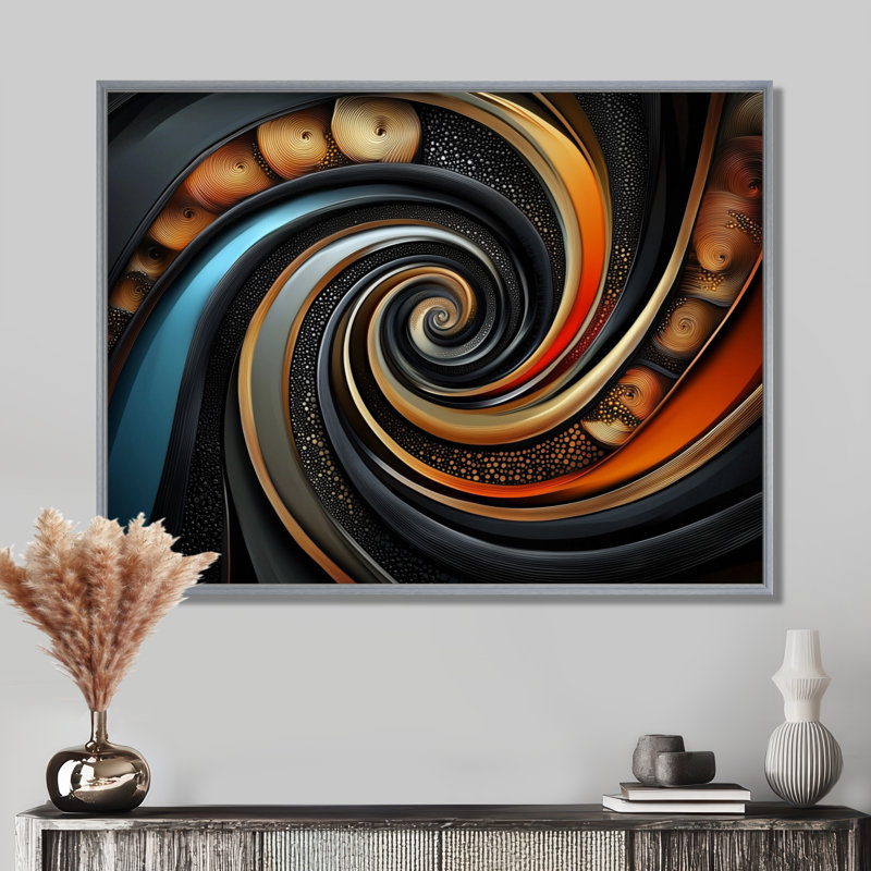 Golden Fractal Celestial Spiral Balance VI - Art mural fractal abstrait, Argent argent, H 16 po x l 32 po