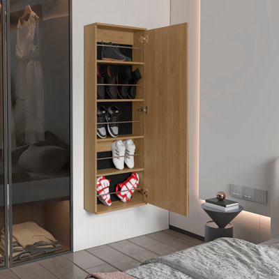 Leto Wall Mounted Shoe Rack with Full-Length Mirror, Single Door Cabinet, Space-Saving Vertical Organizer with Capacity for 10 Pairs