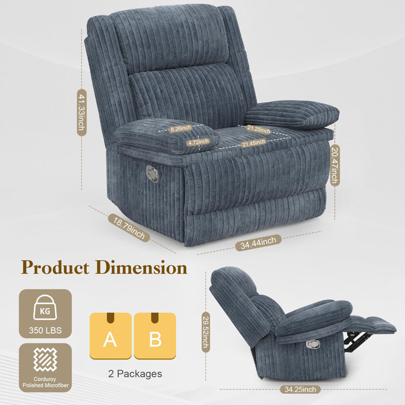 Corduroy Reclining Sofa Chair,Manual Recliner Chair for Living Room and RV, Gray Corduroy