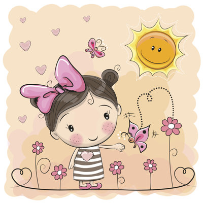 Cartoon Girl on the Meadow with Flowers 1 Piece Wrapped Canvas Wall Art