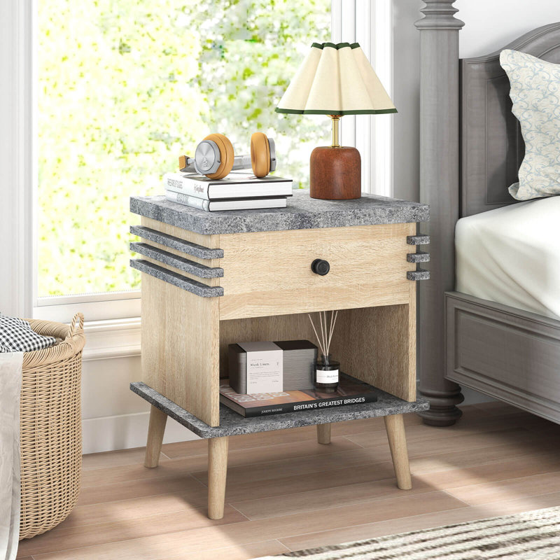 3-tier Bedside Table With Antique Grey Faux Marble Top & Open Shelf, Set of 2
