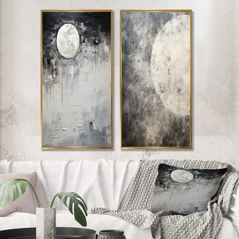 Minimalisme gris lune surface I - Tachisme ensemble d'art mural sur toile 2, Cadre flottant doré, H 40 po x l 41 po