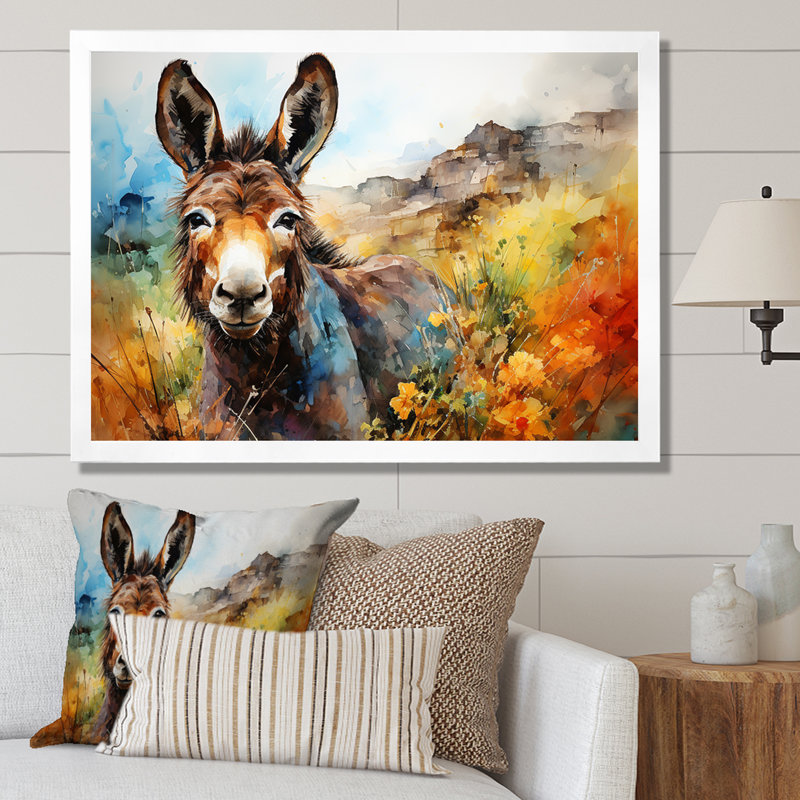 Patchwork Donkey Pastures I - Donkey, art mural, Cadre d'angle fermé blanc, H 30 po x l 40 po x P 1,5 po