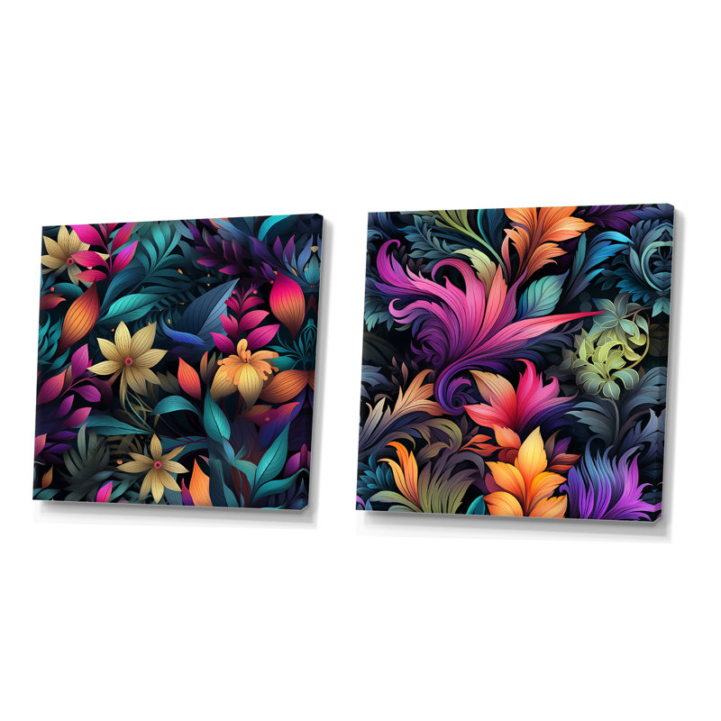 Buglosse - Ensemble de 2 collages carrés botaniques abstraits, H 16 po x l 33 po, Toile tendue