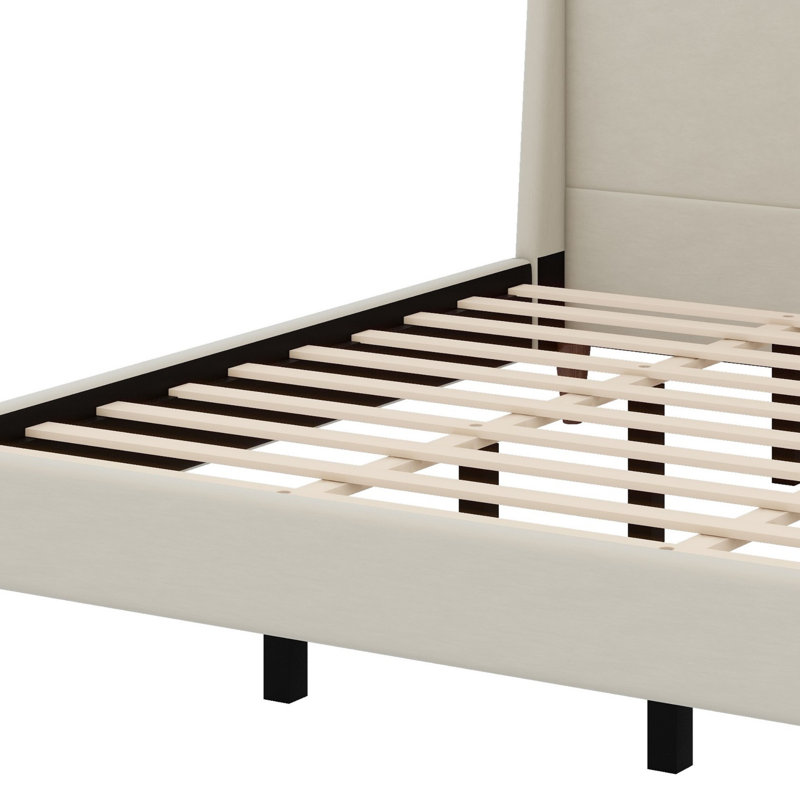 Lit plateforme tapissier avec tête de lit à oreilles et pieds en bois, Beige, Très grand