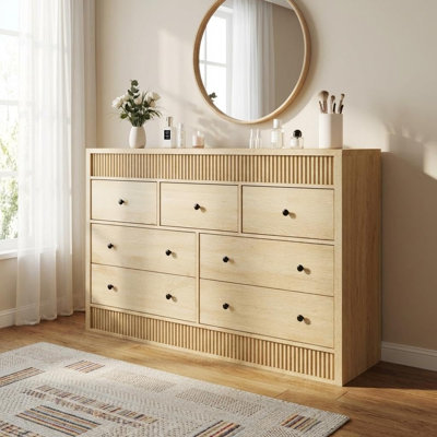 7 Drawer Double Wave Panel Dresser Chest of Drawers PB Storage Cabinet Natural Wood Finish Wide Freestanding Furniture for Bedroom Living Room Entryway Hallway Closet Apartment Organization