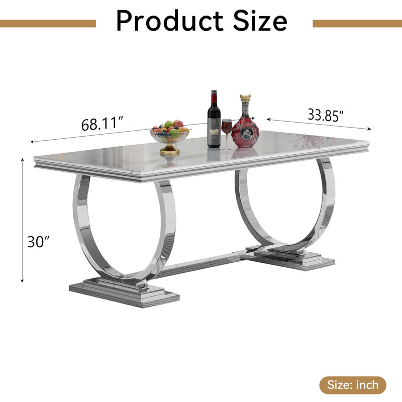 68" Marble Dining Table, Luxurious Marble Table Dining with Printed Faux Marble Tabletop and O-Shape Stainless Steel Pedestal, Modern Kitchen Dining Room Table for 8