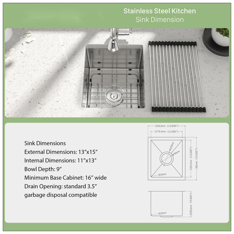 Évier de cuisine encastrable 13 po - Évier de cuisine encastré en acier inoxydable 13 po x 15 po x 9 po à cuve simple de calibre 16 / Évier de cuisine à cuve profonde de 9 po