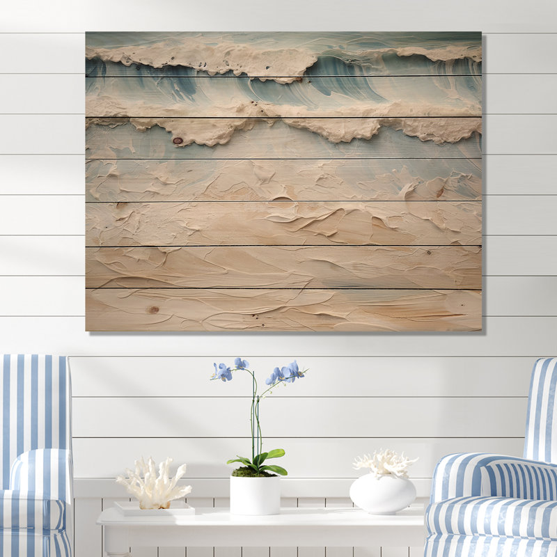 Peinture de plage côtière beige et bleue I - art mural en bois de plage côtière sur bois de pin naturel, H 24 po x l 32 po