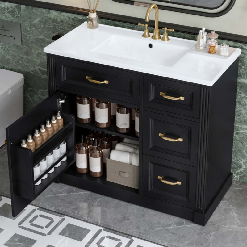 Meuble-lavabo de salle de bain avec lavabo, armoire avec 4 tiroirs, porte à fermeture en douceur et tablette réglable, lavabo en céramique, meuble-lavabo moderne pour l'organisation de la salle de bain