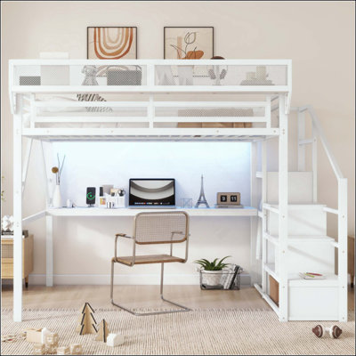 Lit mezzanine avec bureau et station de charge, lit mezzanine en métal avec escalier et lumière pour enfants adolescents