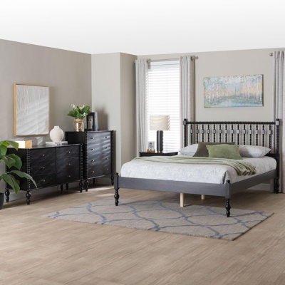 Baxton Studio Cheyne Spindle 4-Piece Bedroom Set - Farmhouse Platform Bed with Matching Dresser, Chest, and 1-Drawer Nightstand, Black, Full