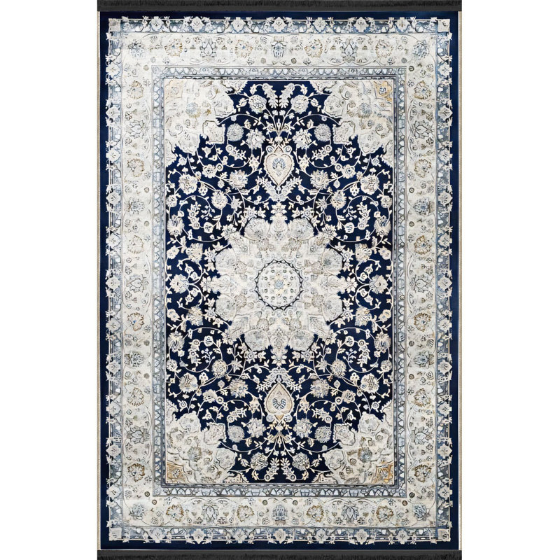 Tapis décoratif lavable à la machine dans des tons de bleu et beige, Sous-tapis rectangulaire 2 pi 4 po x 3 pi 11 po