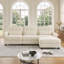Canapé d'angle modulaire 3 places en chenille avec pouf, assise profonde avec dossier capitonné, coussins à bords froncés, accoudoirs arrondis et coussins lombaires pour salon-731407998