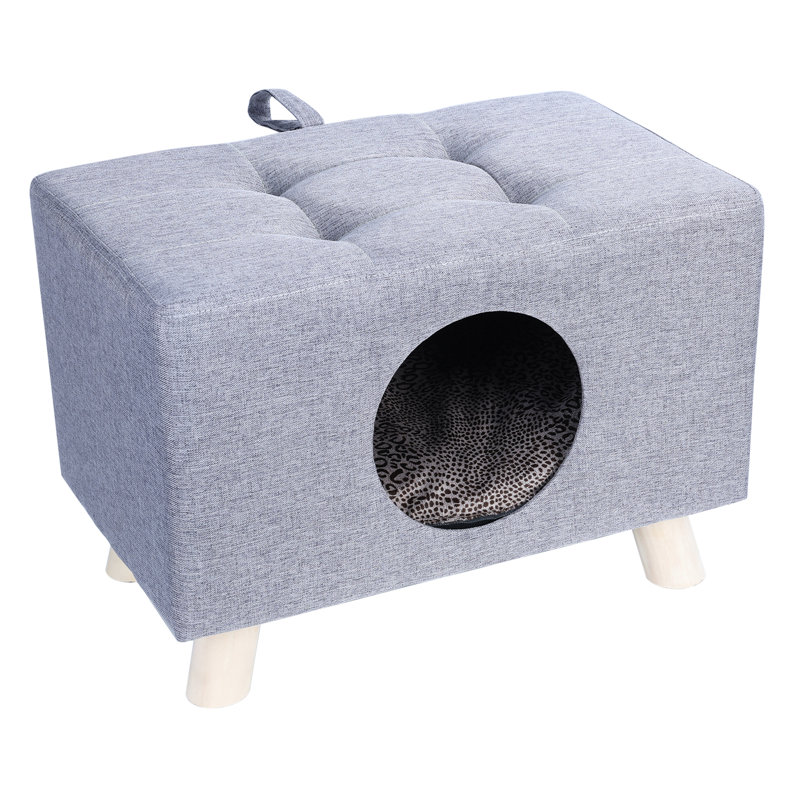 Gray Wood Pet House Bench with Cushion and Mat