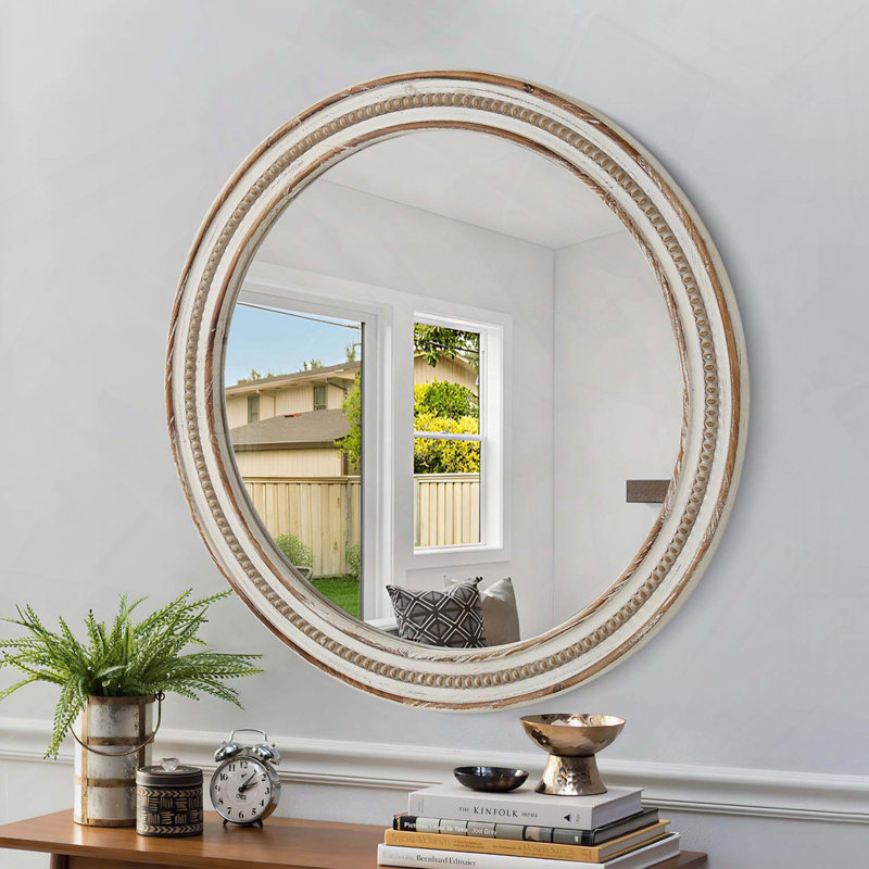 Miroir mural rond en bois et perles