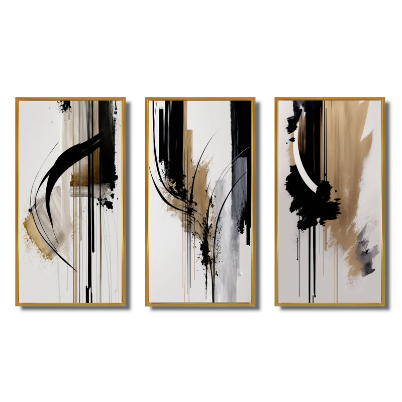 Noir, blanc et or Expression I - ensemble d'art abstrait mural de 3, Or, H 40 po x l 60 po