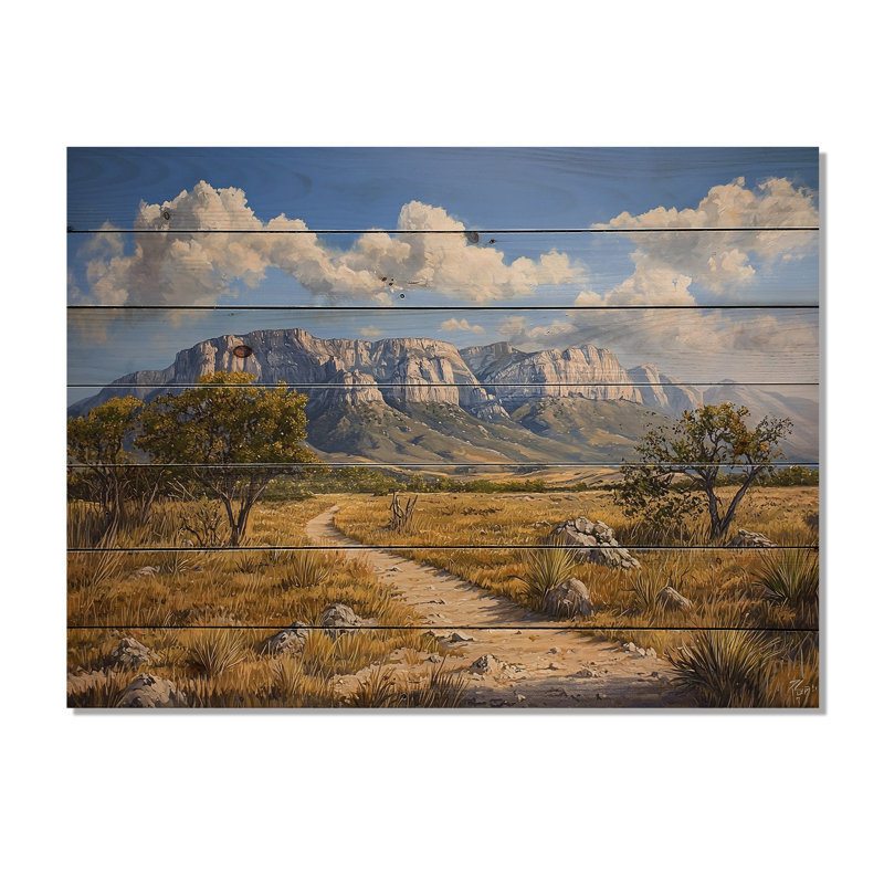 Montagnes de Guadalupe au Texas II - Paysage moderne, art mural sur bois de pin naturel, H 34 po x l 44 po